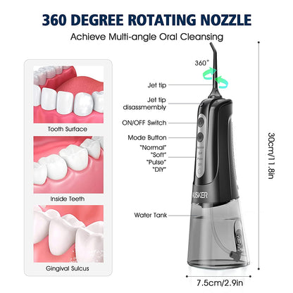 Water Dental Flosser Cordless,  Portable Oral Irrigator for Teeth, 4 Modes and 4 Jet Tips, IPX7 Waterproof, Rechargeable for 30-Days Use, Home, Travel, Braces, Bridges Care(Black)