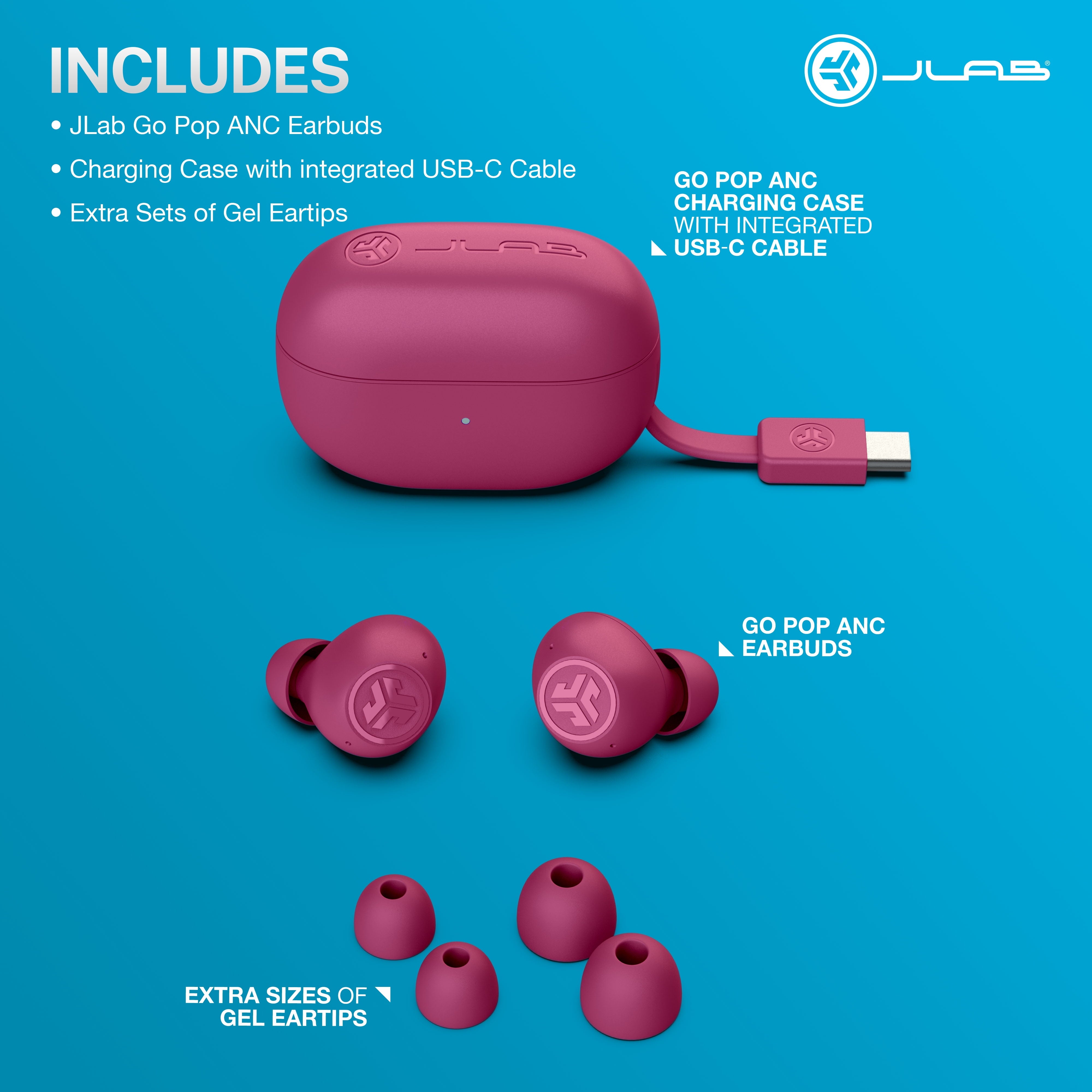 GO Pop Active Noise Cancelling Bluetooth Earbuds, Charging Case, Fuchsia