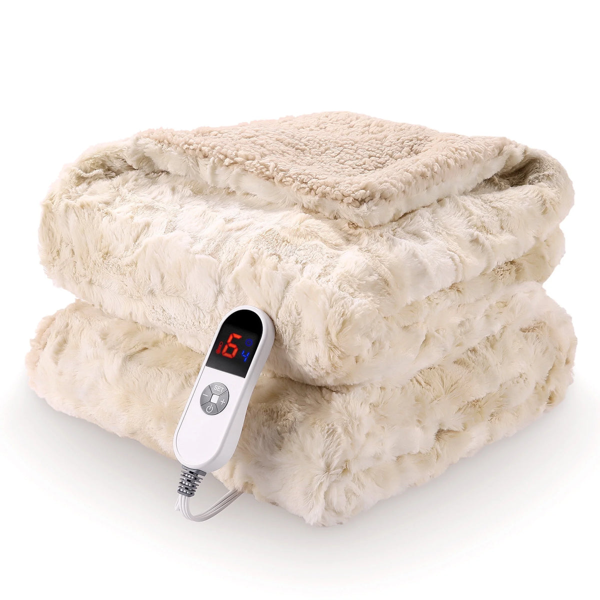 Electric throw blanket with faux fur and LED display in tie-dye off white
