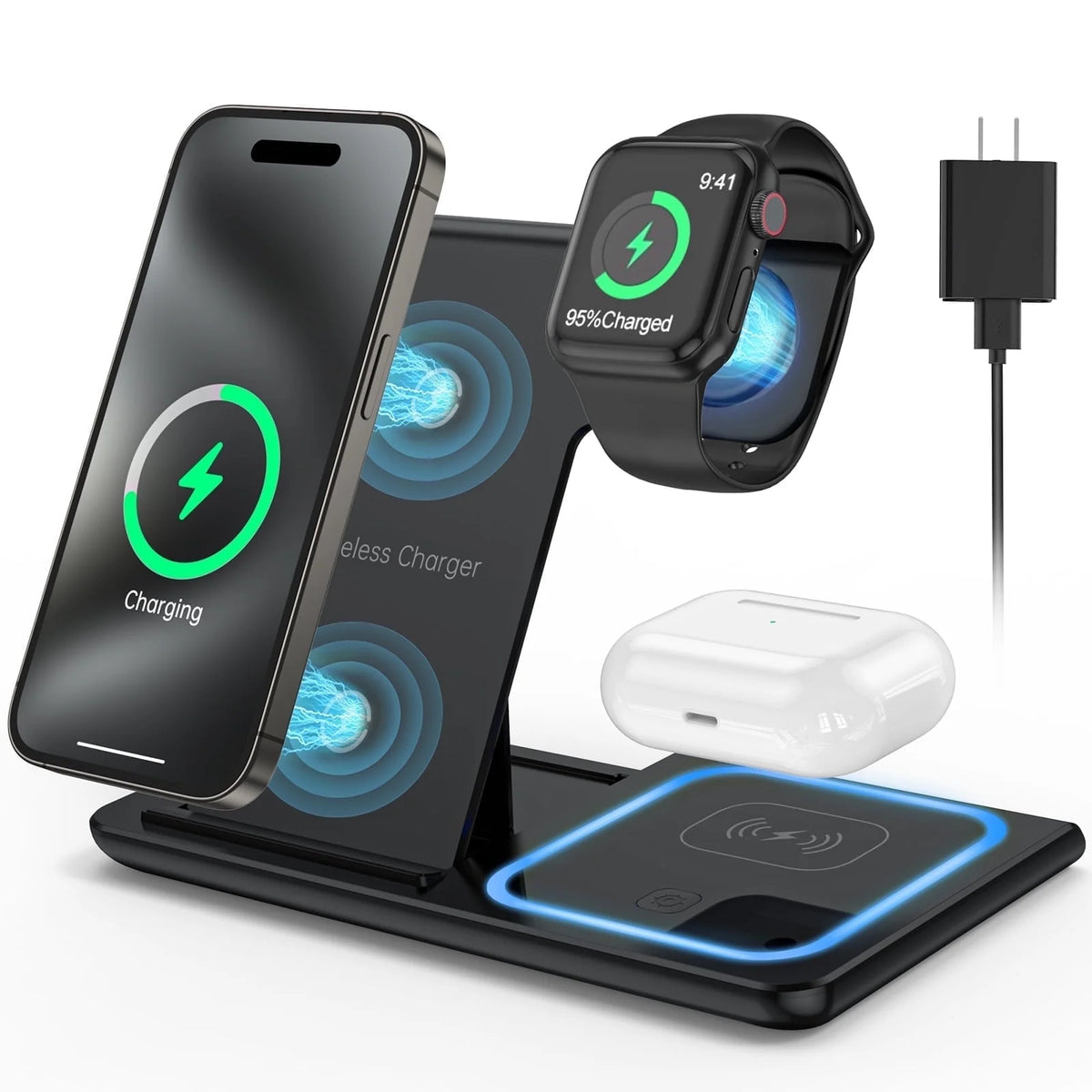 3-in-1 wireless charger for iPhone, iWatch, and AirPods with fast charging