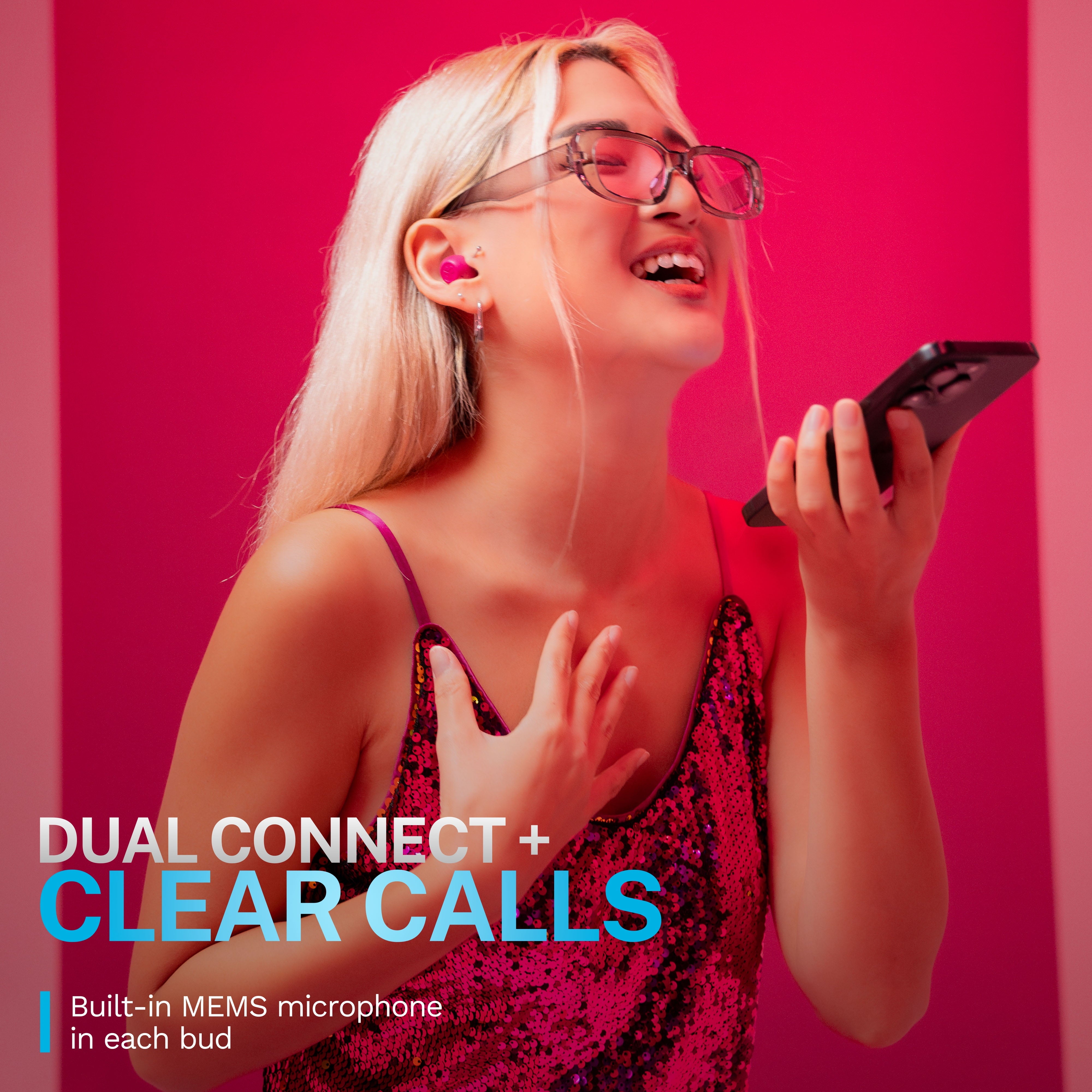 GO Pop Active Noise Cancelling Bluetooth Earbuds, Charging Case, Fuchsia