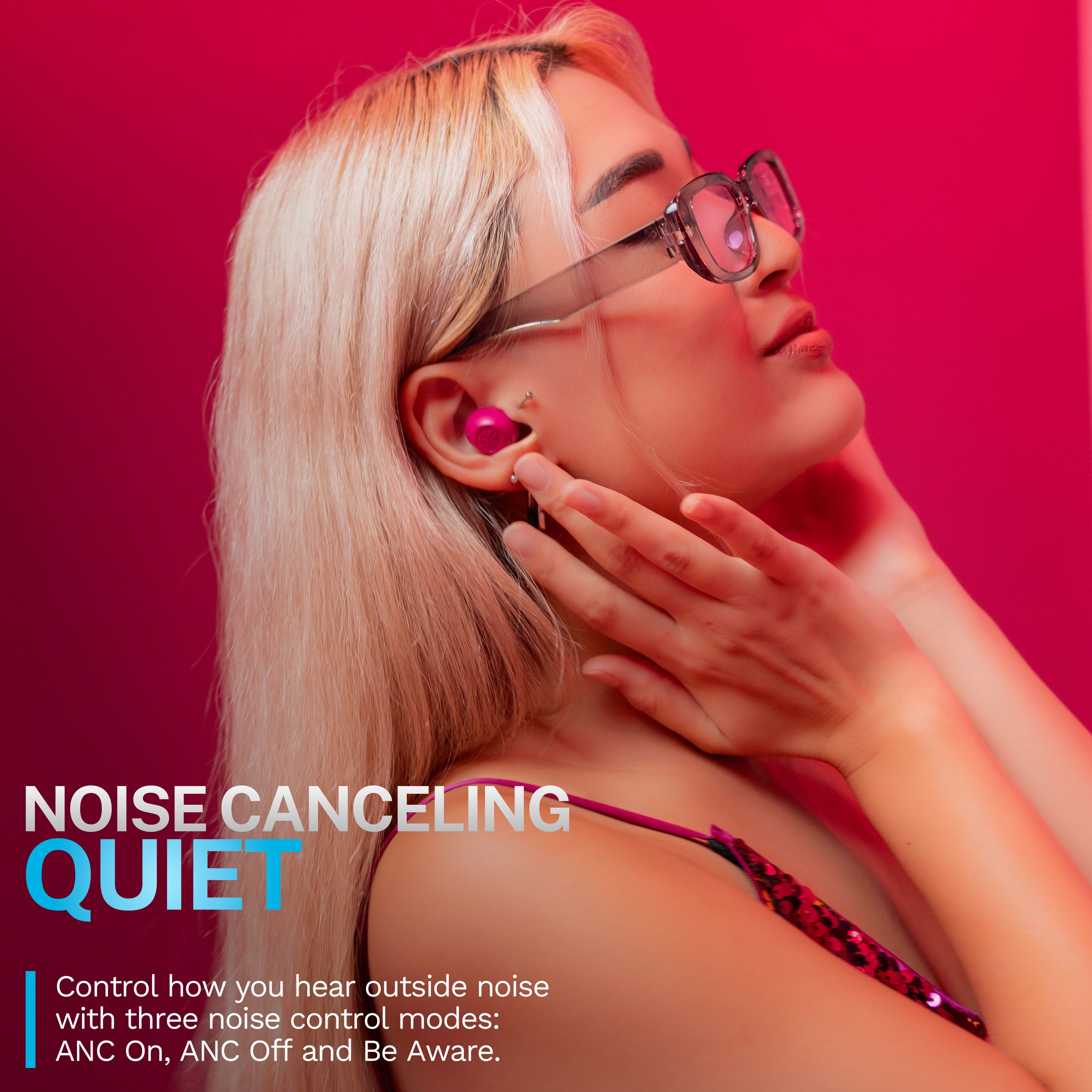 GO Pop Active Noise Cancelling Bluetooth Earbuds, Charging Case, Fuchsia